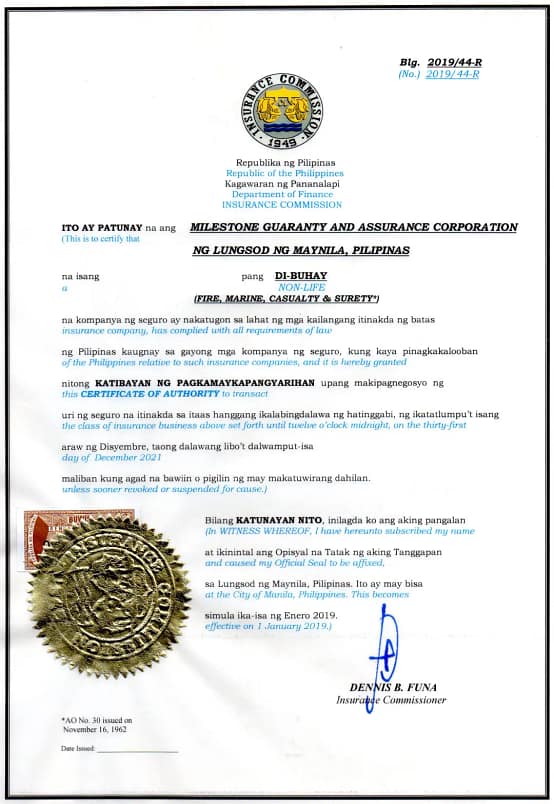 Milestone Guaranty and Assurance Corp (MGAC) Certificate of Authority 2019
