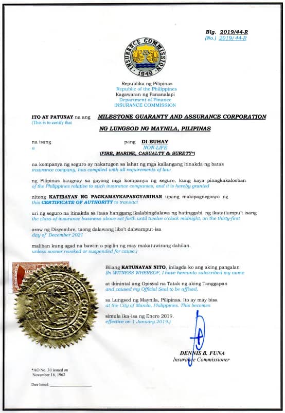 Milestone Guaranty and Assurance Corp (MGAC) Certificate of Authority 2019