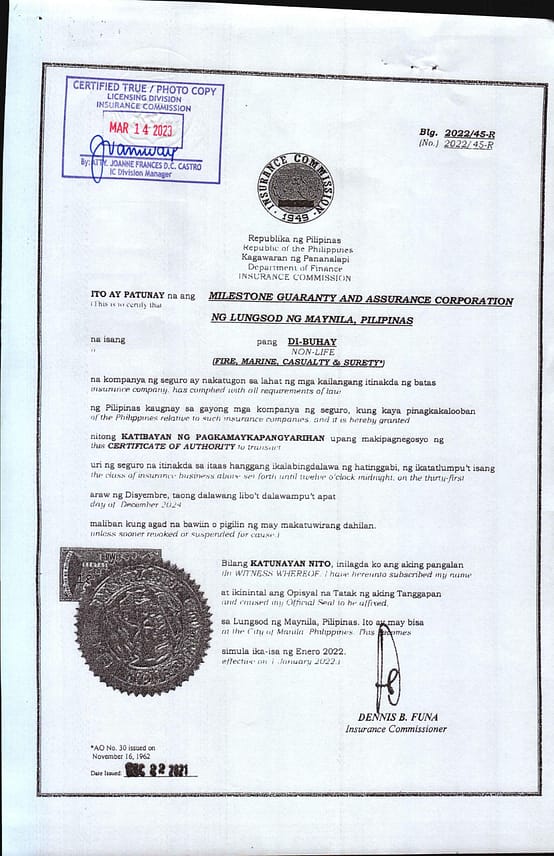 Milestone Guaranty and Assurance Corp (MGAC) Certificate of Authority 2022